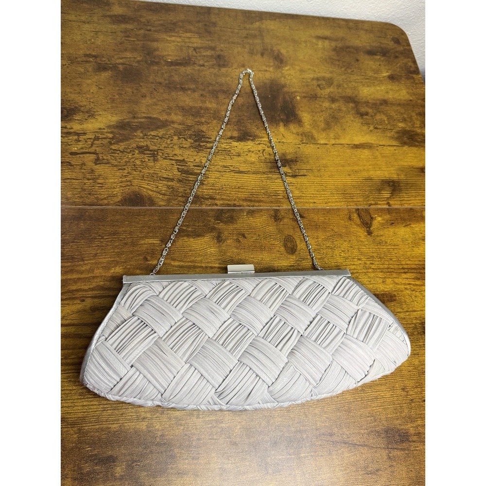 Kate‎ Landry Silver Woven Fabric Gray Clutch Purse Evening Glam Silver Strap